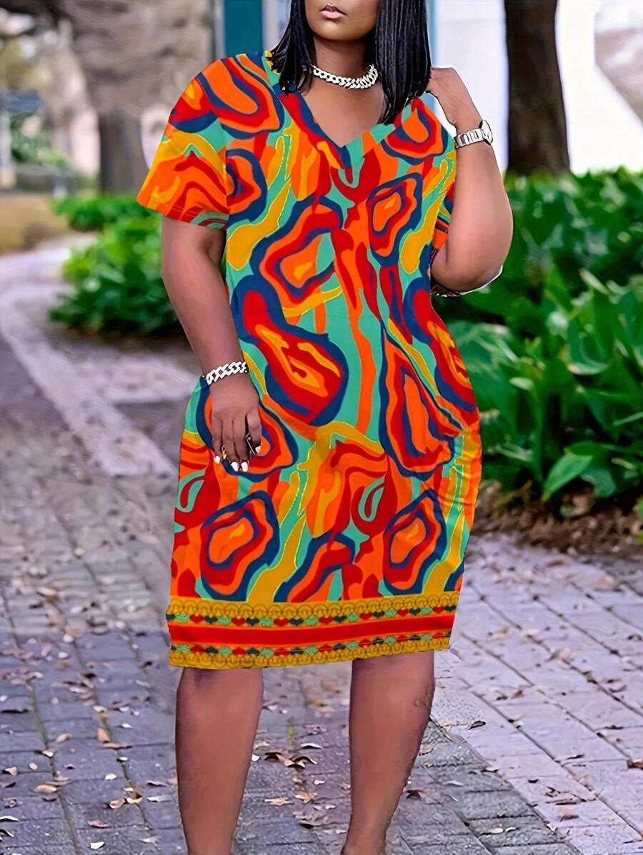 EMERY ROSE Plus Allover Print Bodycon Dress For Summer Vacation - Multicolor - View 1