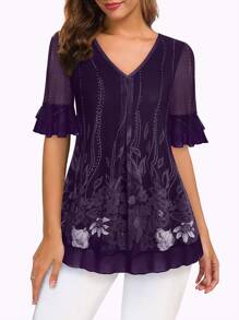 CheersLife 女士短袖束腰上衣 休闲宽松碎花衬衫 网纱褶皱叠层衬衫 夏季 - 紫色 - 查看 3