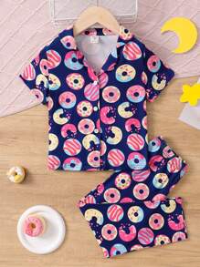 Conjunto informal de chaqueta holgada de manga corta con estampado de donas para niña joven - Multicolor - Ver 3