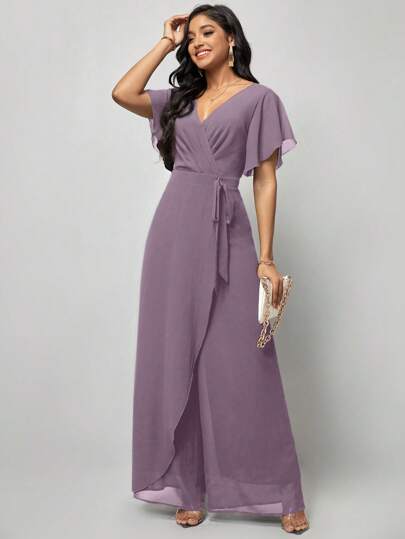 SHEIN Clasi 女性V領短袖連體褲，側扣和後拉鍊設計