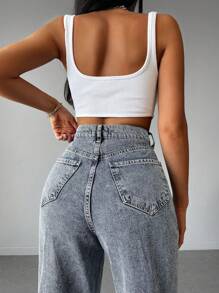 RueChic Snow Washed Raw Hem Wide Leg Jeans - Light Wash - View 6