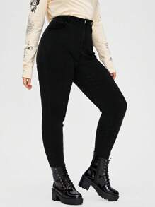 SHEIN Essnce Quần Denim kích thước lớn Nút Túi Dây kéo màu trơn - Màu xám đen - Xem 6