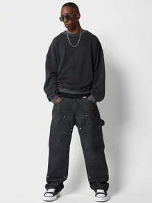 SUMWON Vintage Washed Oversized Crew Neck Casual Premium Cotton Sweatshirt With Embroidered Back Text Classic Autumn Winter Essential Athletic Wear - Black - View 4