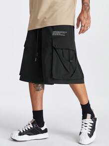 Manfinity RebelGame Men's Loose-Fit Straight Shorts With English Print Pattern Suitable For Summer - Black - View 1