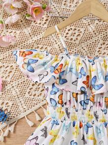 Young Girl's Woven Butterfly Pattern Off Shoulder Ruffle Hem Holiday Dress - White - View 3