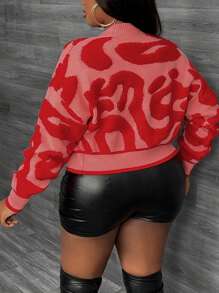 Slaydiva Plus Size Elegant & Casual & Daily Colliding Color Leopard Print Knitted Cardigan With 3D Flower And Button Design, Autumn & Winter - Multicolor - View 2