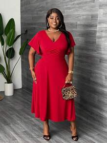 Slaydiva Plus Size Elegant & Party & Daily Wear Slim Fit A-Line Dress With Cross Neckline, Ruffled Sleeves And Flounce Hem Women's Midi Dress, Spring/Summer - C - Red - View 6