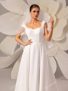 Women's Solid Color Sleeveless Backless Minimalist Waist-Cinched Maxi Wedding Dress With Train White Elegant Bridal Dress