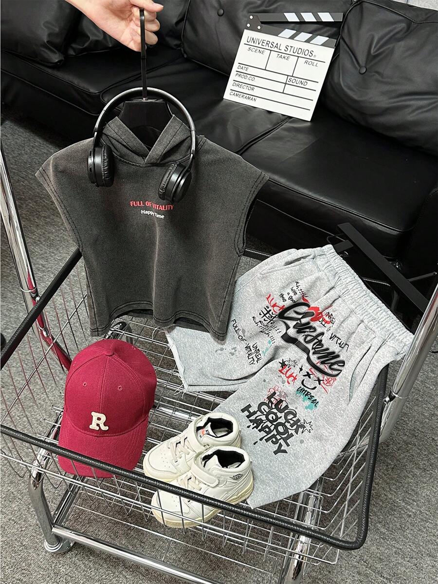 男孩夏季美國國旗印花無袖連帽T恤，塗鴉短褲，2入組，百搭 - 彩色 - 查看 1