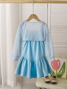 2 cái/bộ Váy dây mỏng có nơ trang trí cho bé gái, Xuân/Hè/Thu, Phong cách công chúa thanh lịch và dễ thương, kết hợp với áo len màu trơn cho những dịp trang trọng và các bữa tiệc - Màu xanh lam - Xem 2