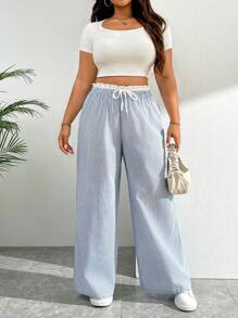 SHEIN EZwear Pantaloni largi, casual, cu dungi, albastru și alb, pentru vacanță - Albastru si alb - Vizualizare 5