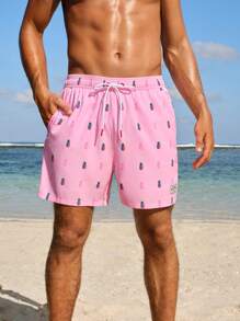 Manfinity Men's Pineapple Print Drawstring Waist Loose Fit Beach Shorts For Vacation