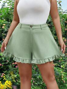 SHEIN Clasi Plus High Waist Ruffle Hem Shorts - Army Green - View 5