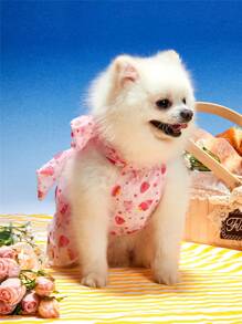 PETSIN Pet Cat & Dog Rochie universală roz și căpșuni cu buline imprimate șifon cu papion decolteu