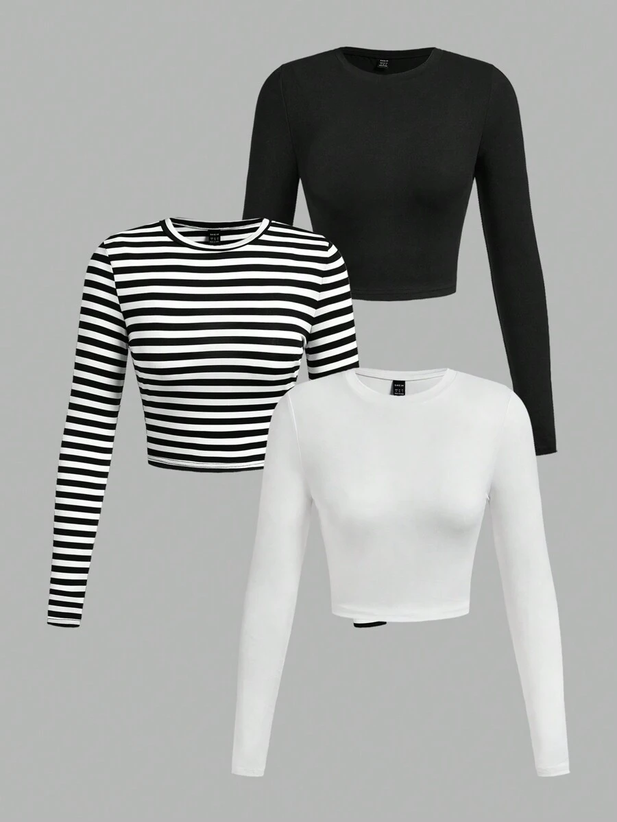 SHEIN EZwear 3 chiếc áo thun nữ cổ tròn mini giải trí kiểu dáng đơn giản dài tay cắt ngắn - Đen và trắng - Xem 1