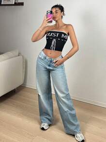 SHEIN EZwear Top de punto de tubo recortado con cordón, bloque de color de moda con patrón de letras para el verano