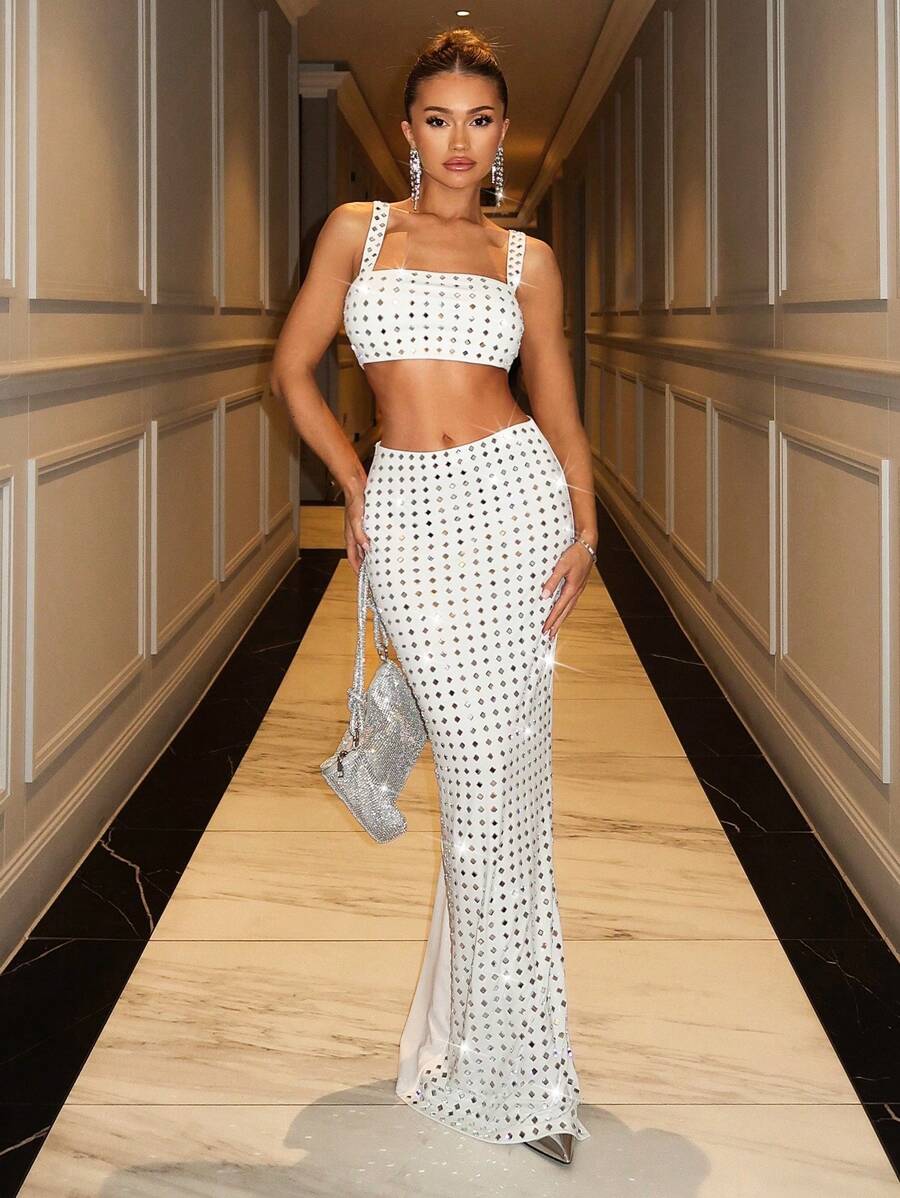 SHEIN BAE 女式性感短款鑲片背心，白色，適合夜店和派對 - 白色 - 查看 1