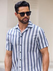 GENTILAND Loose Fit Men's Cotton Striped Print Shirt - Blue and White - View 3