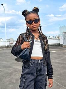 SHEIN Tween Girls' Knit Hollow Out Mesh Long Sleeve Cardigan Jacket, Sports & Casual