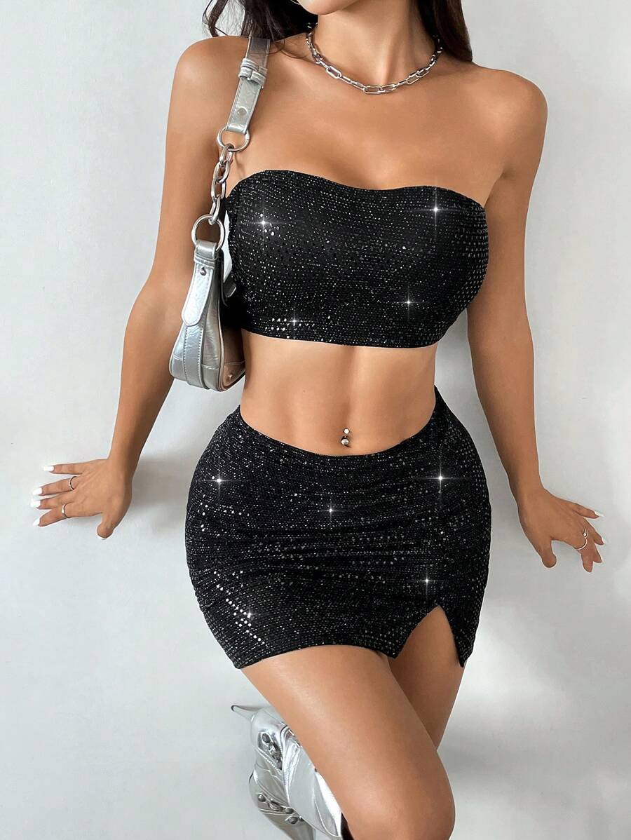 EgrlEra Conjunto de falda y top sin tirantes para mujer (Corte al azar) - Negro - Ver 1