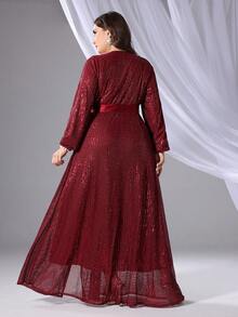 大码亮片高开叉晚礼服 - 酒紅色 - 查看 2