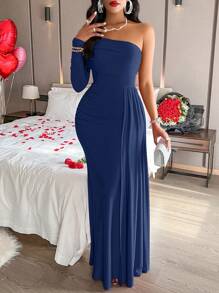 Vestido de manga larga con cuello asimétrico elegante de Amarilo para primavera - Azul Marino - Ver 3