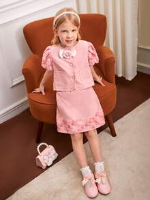 Young Girls Contrast Floral Appliques Mesh Puff Sleeve Bow Front Blouse & Skirt For Summer - Pink - View 4