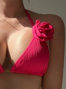 SHEIN Swim Women's Solid Color 3D Flower Decor Halter Neck Tie Sexy Bikini Set, Summer Beachwear Bathing Suit - Red Violet - View 3