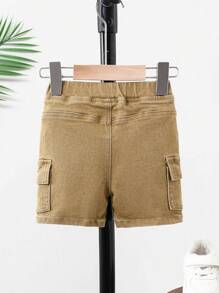 SHEIN Baby Boys' Casual Soft Cargo Pocket Khaki Denim Shorts,For Summer