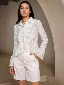 Aveloria French-Style Waist-Cinching Slimming Random Cut Flower Bell Sleeve Shirt With Unique Design
