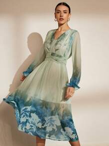 Aveloria Modichic 印花優雅小洋裝，V領及腰帶，長袖女裝洋裝