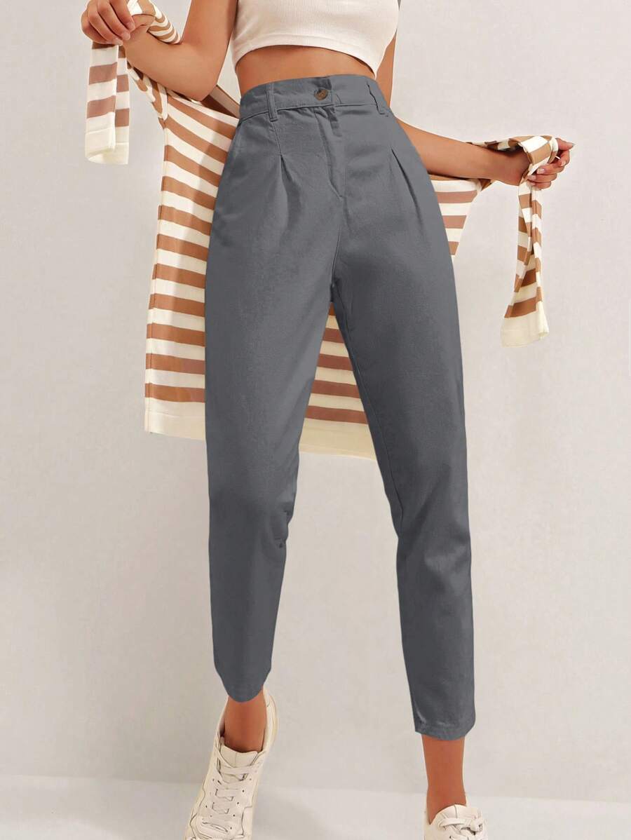 Cloudara Fold Pleated Detail Cropped Carrot Pants - Dark Grey - View 1