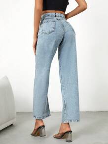 EURMUSE High Waist Split Hem Straight Leg Jeans - Light Wash - View 2