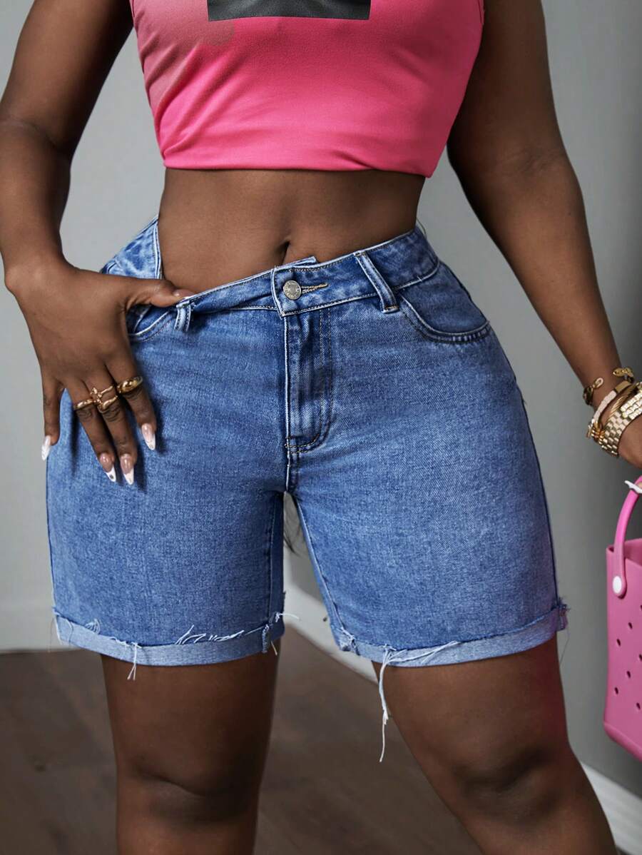 Slaydiva Roll Up Hem Casual Denim Shorts For Summer - Light Wash - View 1