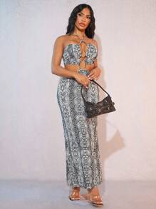 SHEIN SXY 女士印花交叉帶露腰裙，簡約日常風格 - 黑與白 - 查看 7