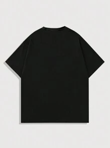 ROMWE MEN Street Life Camiseta de manga corta para hombres con estampado de retrato, adecuada para uso diario en primavera y verano, escuela - Negro - Ver 2