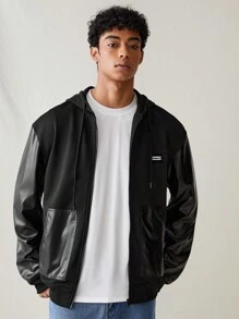 Manfinity VCAY 男士梭织时尚休闲连帽夹克，宽松长袖，拼色设计，适合秋冬季日常穿着 - 黑色 - 查看 1