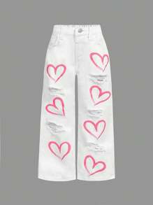 SHEIN 年轻女孩破洞直筒牛仔裤，水洗蓝色 Y2K 风格，带粉色萝卜洞，女孩阔腿牛仔裤，儿童阔腿牛仔裤