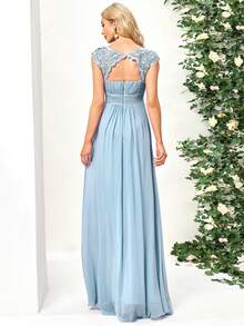 EVERPRETTY Guipure Lace Yoke Cutout Back Chiffon Bridesmaid Dress - Baby Blue - View 2