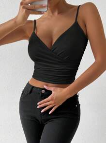 VaVaBold Blusa de tirantes de moda y sensual con pliegues y espalda descubierta cruzada para mujer