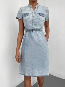 RueChic Flap Pocket Half Button Denim Dress - Light Wash - View 1