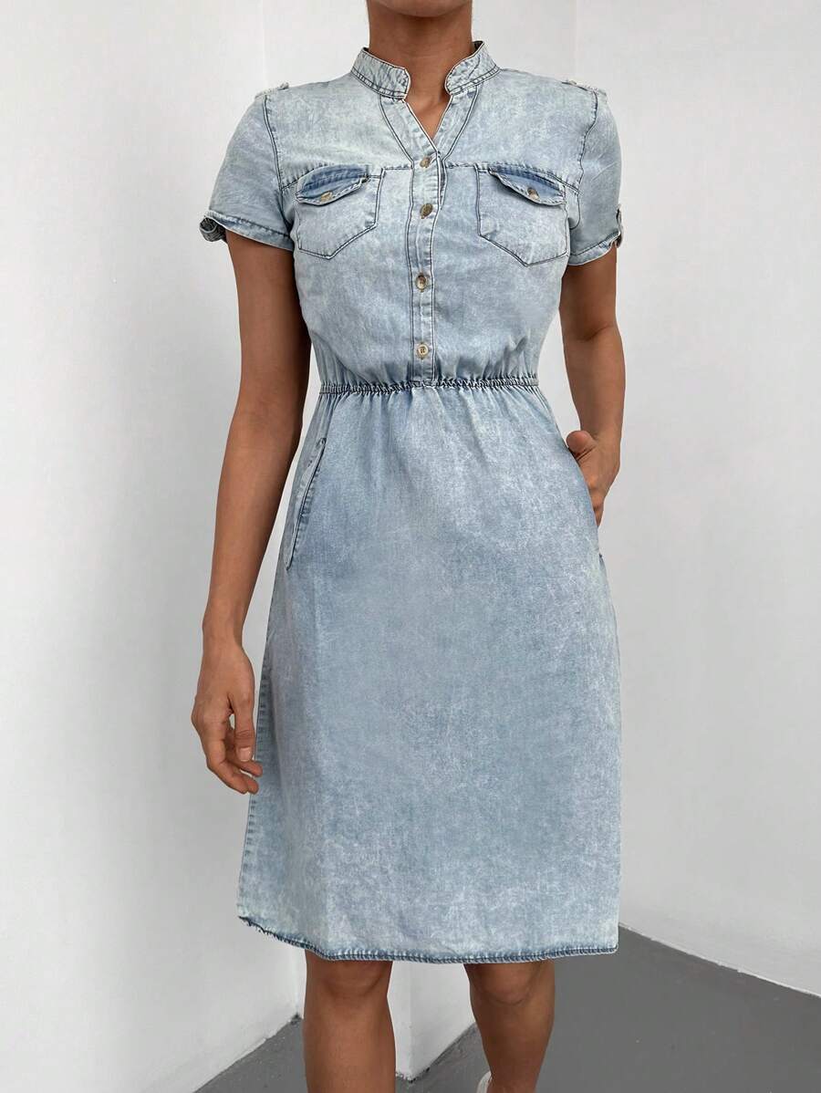 RueChic Flap Pocket Half Button Denim Dress - Light Wash - View 1