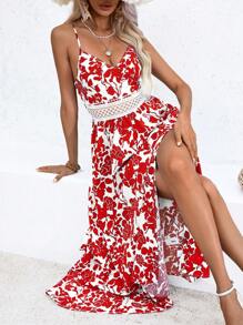 SHEIN VCAY 女士夏季假日拼接綁帶腰長裙，前後分開，無袖 - 紅白色 - 查看 5