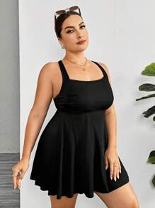 SHEIN Swim Curve 夏季海灘加大碼筋紋針織十字背心泳衣套裝 - 黑色 - 查看 3