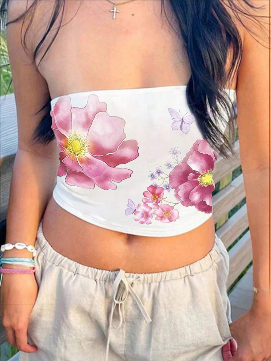 SHEIN ICON 女士花卉印花筒領上衣，短款