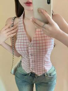 DAZY Valentine's Day Pink Plaid V-Neck Halter Party & Back To School Tank Top For Women