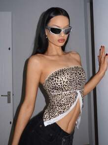SHEIN Unity Top de bustier para mujeres con estampado de leopardo Y2K y ribete de encaje empalmado