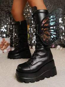 2024 New Thick-Soled Punk Boots With Glossy Surface, Butterfly Decoration, Black Gothic Style Platform Mid-Calf Boots For Women