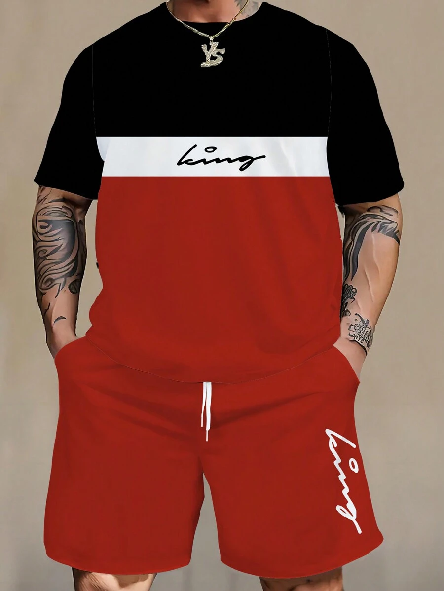 Men's Plus Size KING Print Fashion Color-Block T-Shirt Set - Red - View 1