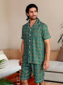 Manfinity ChillVibe Herren Zweiteiliger Pyjama/Schlafanzug Set aus Kurzarm Top mit Allover Muster und Kontrastbesatz und Shorts